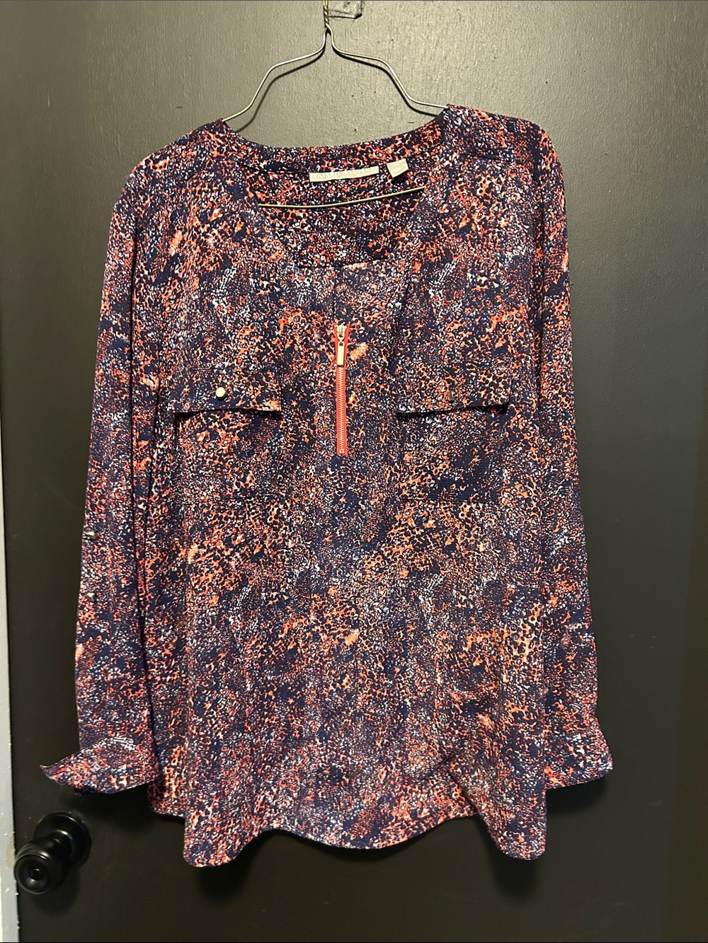 Valerie Stevens Navy and Coral Printed Long-Sleeve Blouse with Zip